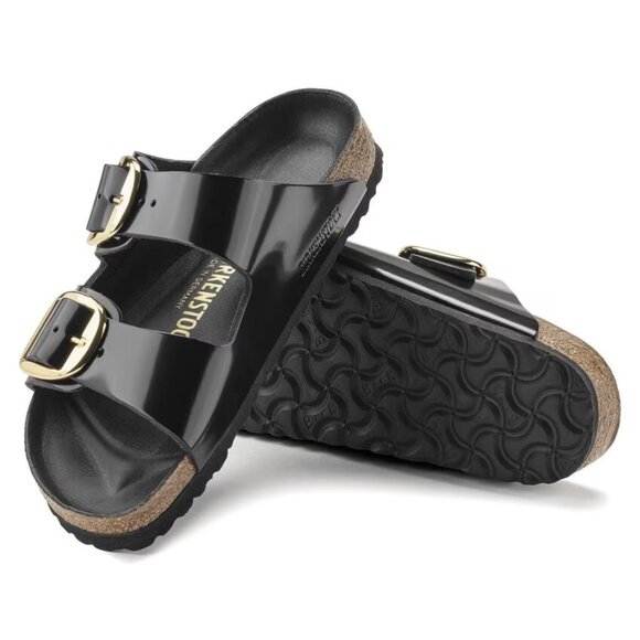 Birkenstock Arizona Big Buckle Black and Gold Sandals | Like New | Size 38 - Picture 3 of 12